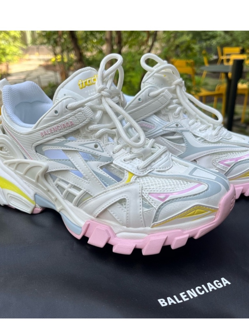 Balenciaga White Sneakers with Pastel Pink, Yellow & Blue Accents